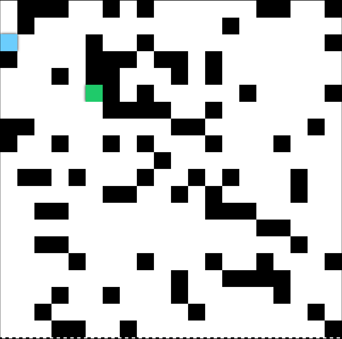 An image of the final puzzle design, with player’s ‘ball’ in blue and the goal position in green.