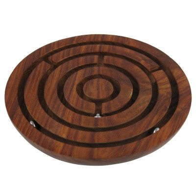 An image depicting a wooden puzzle with channels cut for a ball to move through.